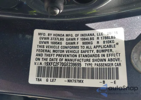 2016 Honda Civic Ex z USA, uszkodzony, nr VIN 19XFC2F70GE239695